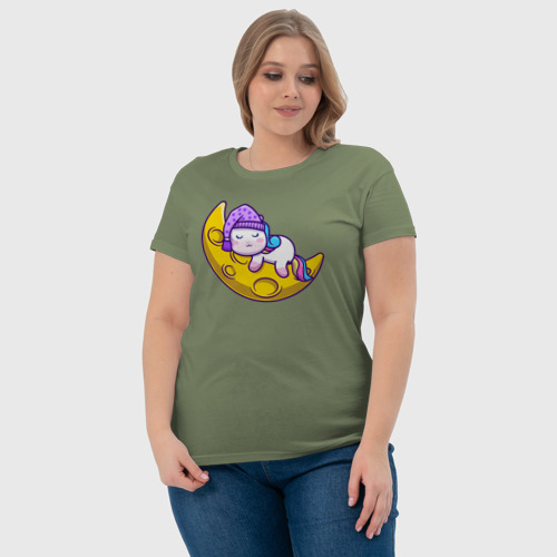 Женская футболка хлопок Спящий единорог на луне, цвет авокадо - фото 6