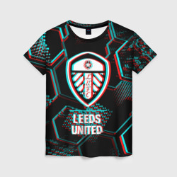 Женская футболка 3D Leeds United FC в стиле glitch на темном фоне