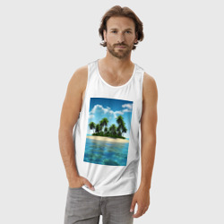 Майка с принтом Тропический остров для мужчины, вид на модели спереди №2. Цвет основы: белый