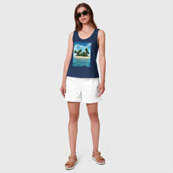 Майка с принтом Тропический остров для женщины, вид на модели спереди №3. Цвет основы: темно-синий