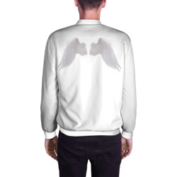 Бомбер с принтом Крылья ангельские для мужчины, вид на модели сзади №2. Цвет основы: белый