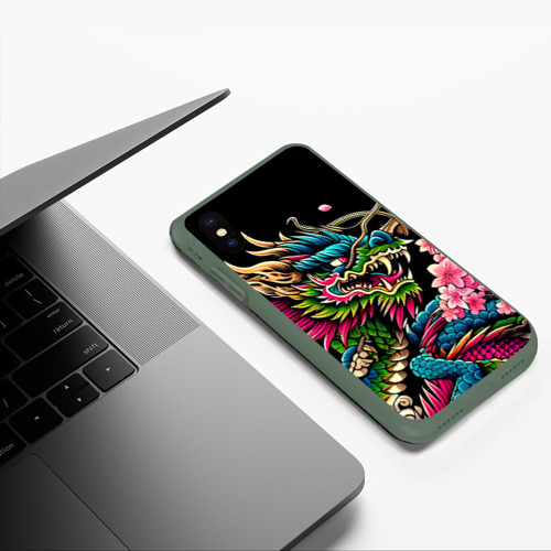 Чехол для iPhone XS Max матовый Irezumi - Japanese dragon ai art, цвет темно-зеленый - фото 5