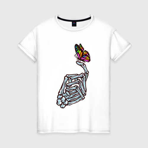 Женская футболка из хлопка с принтом Рука скелета и бабочка, вид спереди №1