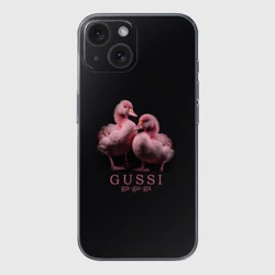 Чехол для iPhone 15 силиконовый с защитой камеры Два маленьких гуся: Gussi ga-ga-ga