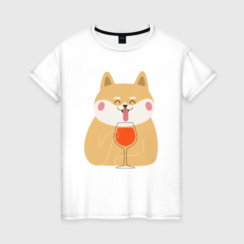 Женская футболка из хлопка с принтом Корги и вино, вид спереди №1