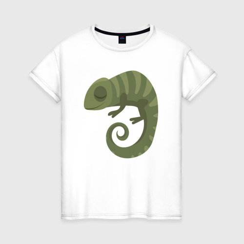 Женская футболка из хлопка с принтом Зелёный хамелеон, вид спереди №1