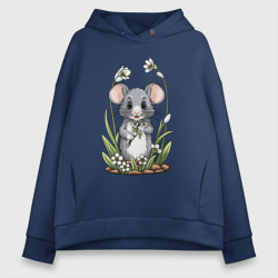 Женское худи Oversize хлопок Маленький мышонок с первыми цветами