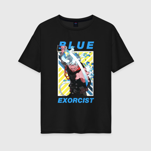 Женская футболка хлопок Oversize Рин - Синий экзорцист, цвет черный