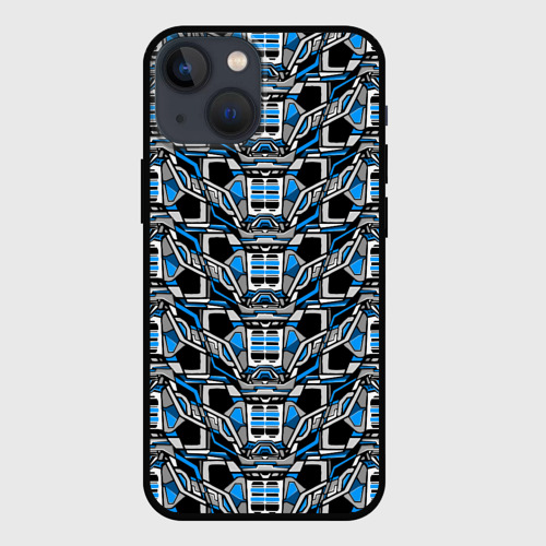 Чехол для iPhone 13 mini с принтом Синяя плетёная броня киберпанк, вид спереди №1