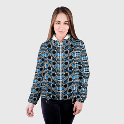 Куртка с принтом Синяя плетёная броня киберпанк для женщины, вид на модели спереди №2. Цвет основы: белый