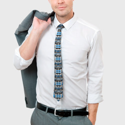 Галстук с принтом Синяя плетёная броня киберпанк для мужчины, вид на модели спереди №3. Цвет основы: белый