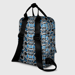 Рюкзак с принтом Синяя плетёная броня киберпанк для женщины, вид на модели сзади №1. Цвет основы: белый