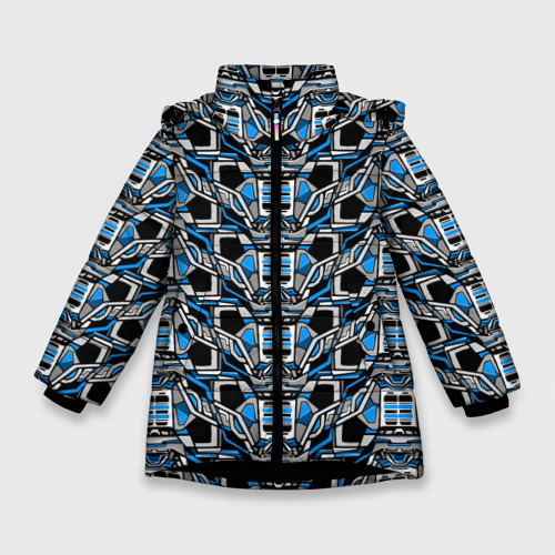 Зимняя куртка для девочек с принтом Синяя плетёная броня киберпанк, вид спереди №1