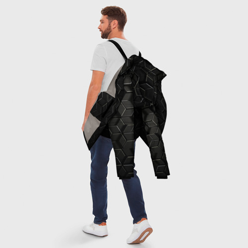 Мужская зимняя куртка 3D с принтом Чёрные соты металл, вид сзади #2