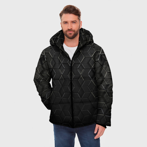 Мужская зимняя куртка 3D с принтом Чёрные соты металл, фото на моделе #1