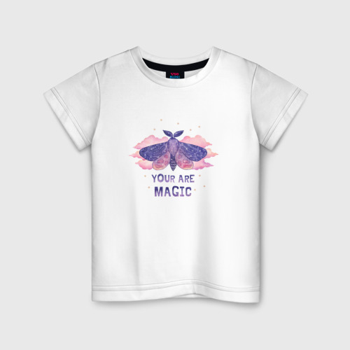Детская футболка из хлопка с принтом Космическая бабочка в облаках, вид спереди №1