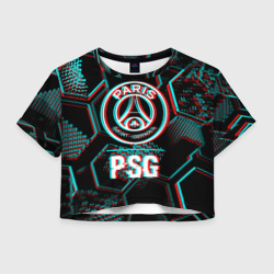 Женская футболка Crop-top 3D PSG FC в стиле glitch на темном фоне