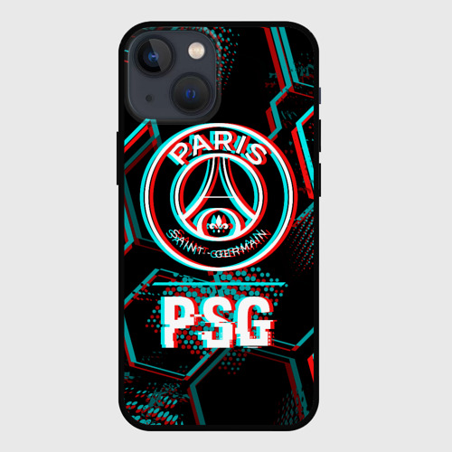 Чехол для iPhone 13 mini с принтом PSG FC в стиле glitch на темном фоне, вид спереди #2