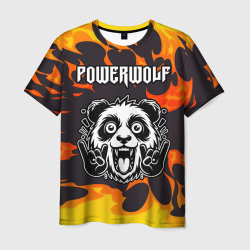 Мужская футболка с принтом Powerwolf рок панда и огонь, вид спереди №1
