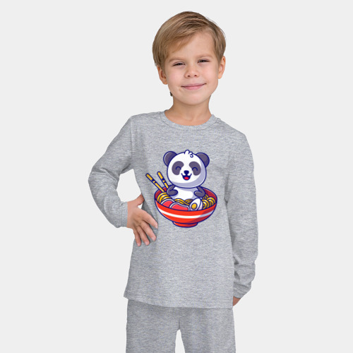 Детская пижама с лонгсливом хлопок с принтом Панда ест рамен, фото на моделе #1