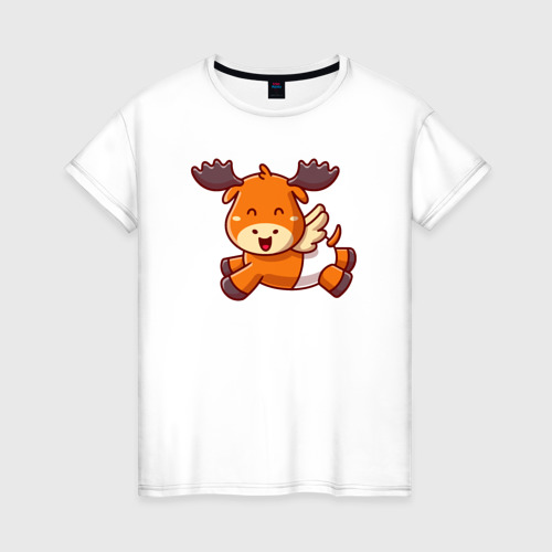 Женская футболка из хлопка с принтом Малыш лось, вид спереди №1