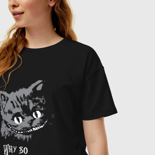 Женская футболка хлопок Oversize с принтом Почему такой серьёзный кот, фото на моделе #1