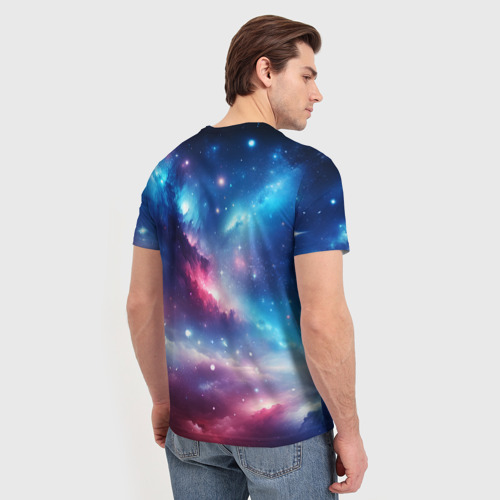 Мужская футболка 3D с принтом Розово-голубой космический пейзаж, вид сзади #2