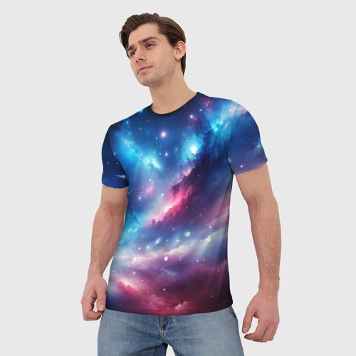Мужская футболка 3D с принтом Розово-голубой космический пейзаж, фото на моделе #1