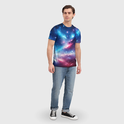 Мужская футболка 3D с принтом Розово-голубой космический пейзаж, вид сбоку #3