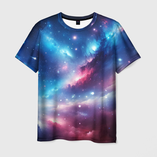 Мужская футболка 3D с принтом Розово-голубой космический пейзаж, вид спереди #2