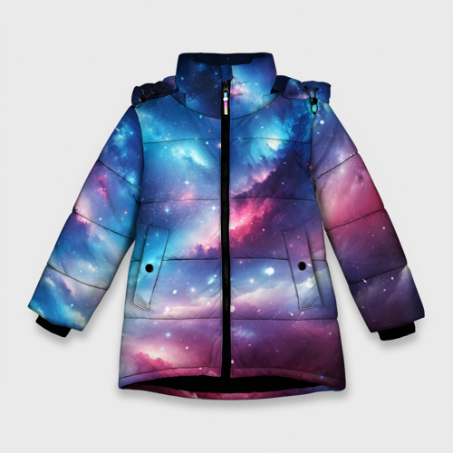 Зимняя куртка для девочек 3D с принтом Розово-голубой космический пейзаж, вид спереди #2