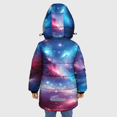 Зимняя куртка для девочек 3D с принтом Розово-голубой космический пейзаж, вид сзади #2