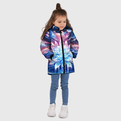 Зимняя куртка для девочек 3D с принтом Космический цветок из льда - эзотерический лотос, вид сбоку #3