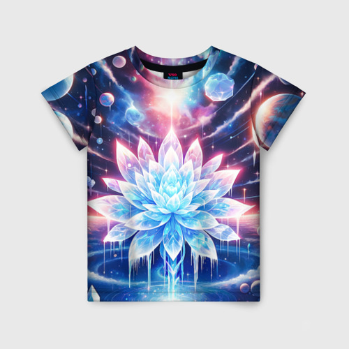 Детская футболка 3D с принтом Космический цветок из льда - эзотерический лотос, вид спереди #2