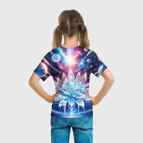 Детская футболка 3D с принтом Космический цветок из льда - эзотерический лотос, вид сзади #2