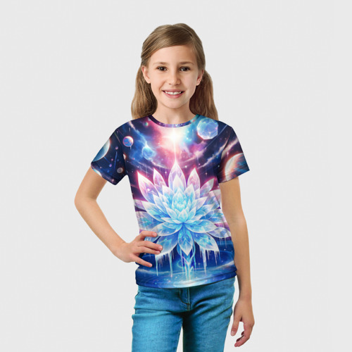 Детская футболка 3D с принтом Космический цветок из льда - эзотерический лотос, вид сбоку #3