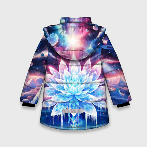 Зимняя куртка для девочек 3D с принтом Космический цветок из льда - эзотерический лотос, вид сзади #1