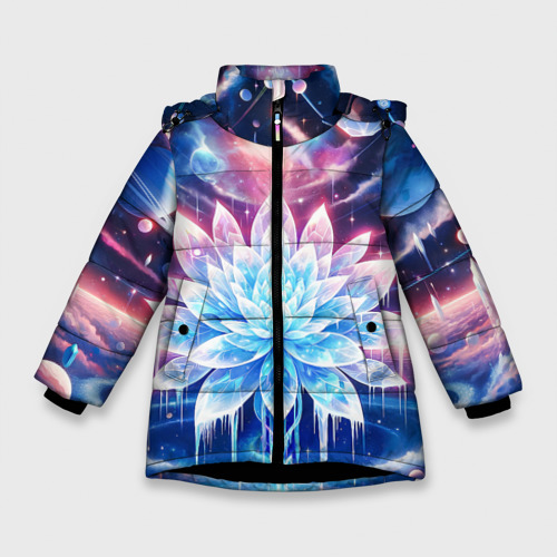 Зимняя куртка для девочек 3D с принтом Космический цветок из льда - эзотерический лотос, вид спереди #2