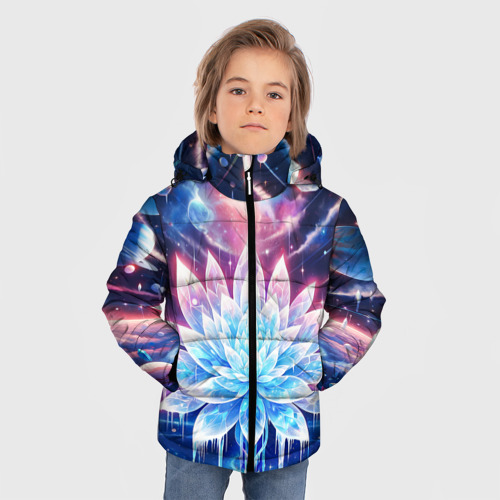 Зимняя куртка для мальчиков 3D с принтом Космический цветок из льда - эзотерический лотос, фото на моделе #1