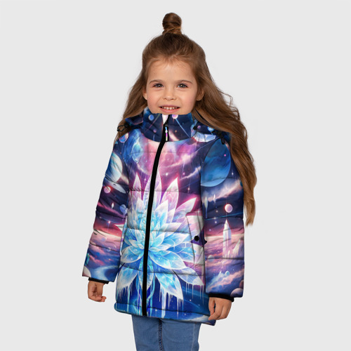 Зимняя куртка для девочек 3D с принтом Космический цветок из льда - эзотерический лотос, фото на моделе #1