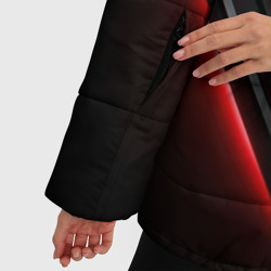 Куртка с принтом Металлическая космическая  конструкция с красным свечением для женщины, вид на модели спереди №4. Цвет основы: черный
