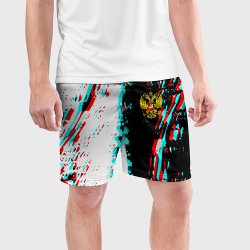 Мужские шорты спортивные с принтом Россия глитч краски текстура спорт, фото на моделе #1