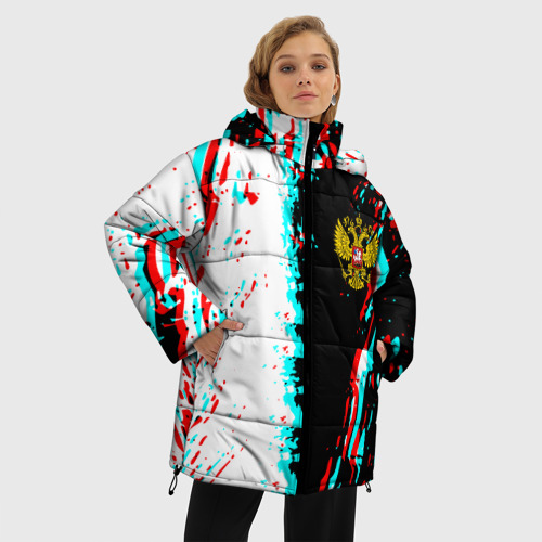 Женская зимняя куртка 3D с принтом Россия глитч краски текстура спорт, фото на моделе #1
