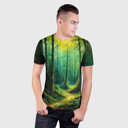 Мужская футболка 3D Slim с принтом Лесная тропа, фото на моделе #1