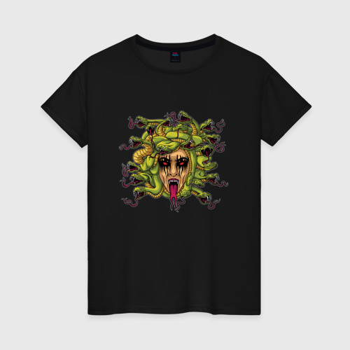 Женская футболка хлопок Медуза Горгона змеи, цвет черный