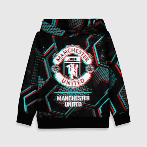 Детская толстовка 3D Manchester United FC в стиле glitch на темном фоне, цвет черный