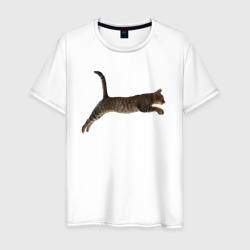 Мужская футболка хлопок Коричневый полосатый кот в прыжке