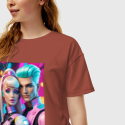 Женская футболка хлопок Oversize Барби и Кен - нейросеть киберпанк - фото 2