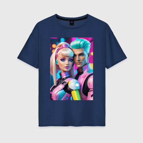 Женская футболка хлопок Oversize Барби и Кен - нейросеть киберпанк, цвет темно-синий