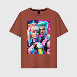 Женская футболка хлопок Oversize Барби и Кен - нейросеть киберпанк